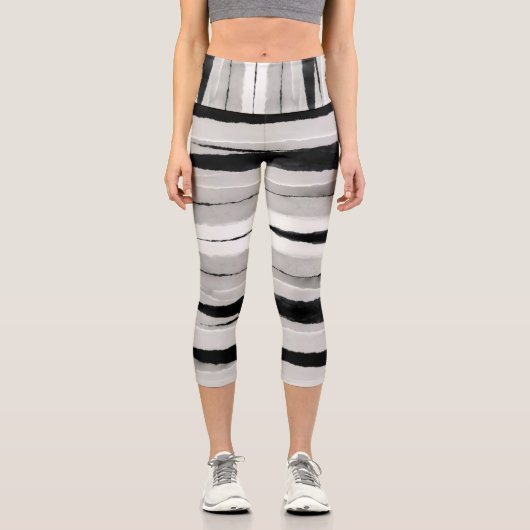 Leggings Capri rayures peintes amusantes gris et à motif noir (Recto)