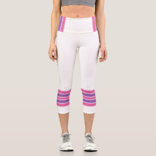 Leggings Capri Rayures Rétro Minimalistes, Rose Violet Blanc
