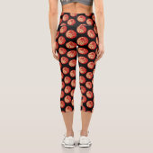 Leggings Capri Red and Gold Floral Scattered Black Background (Verso)