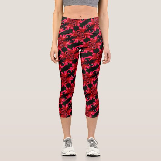 Leggings Capri Red Lily Floral Motif d'art Abstrait (Recto)