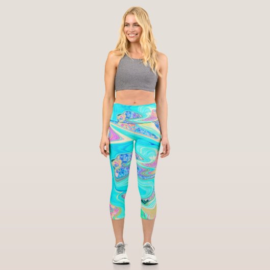 Leggings Capri Retro Aqua Blue Liquid Art sur les Hydrangeas Abst (Recto)