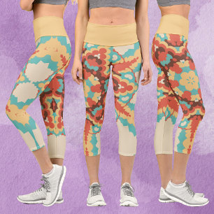 Leggings Capri Rétro Mandala bleu rouge et jaune