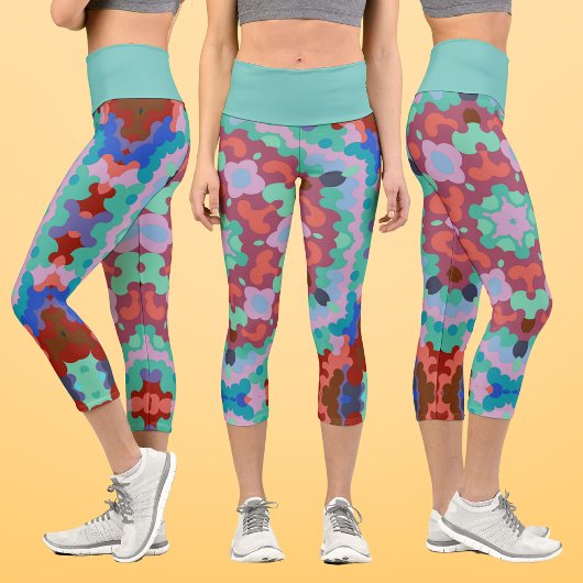 Leggings Capri Retro Mandala Flower Blue Rouge et Turquoise