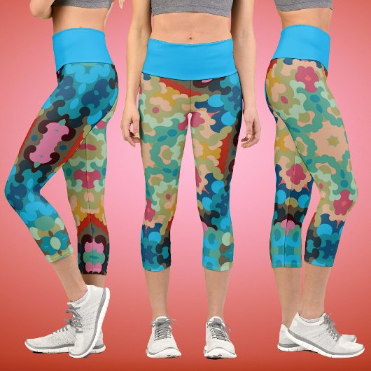 Leggings Capri Retro Mandala Flower Blue Vert et rose