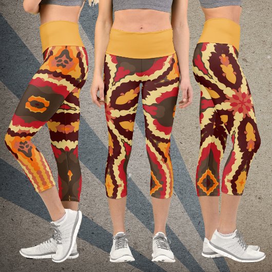 Leggings Capri Rétro Mandala Red Orange et Brown