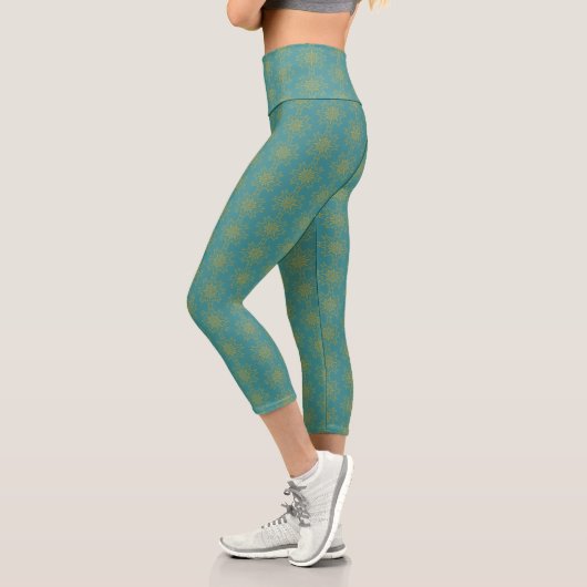 Leggings Capri Rétro Mandala Turquoise à haut taille Capris (Gauche)