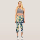 Leggings Capri Romantique Jaune Roses Blanches floral Bleu Design (Recto)