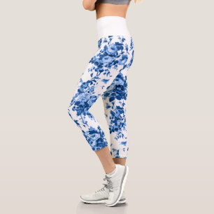Leggings Capri Romantique Vintage Roses-Bleu sur Blanc