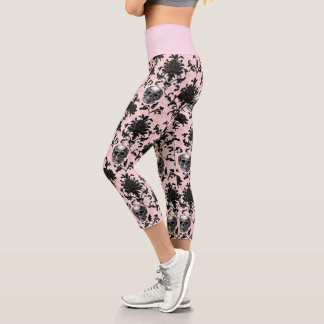 Leggings Capri Rose et crânes gothiques rose et noir