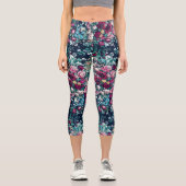 Leggings Capri Rose Magenta Vert Bleu Peine Turquoise et Fleurs R (Recto)