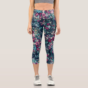 Leggings Capri Rose Magenta Vert Bleu Peine Turquoise et Fleurs R