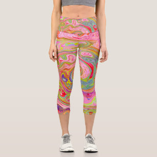 Leggings Capri Rose Rétro, Jaune et Magenta, Art Abstrait Groovy