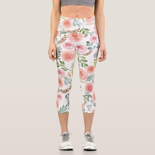 Leggings Capri Rose rose pâle et Feuilles verdoyants (Recto)