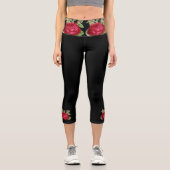 Leggings Capri Rose rouge sur fond floral noir  (Recto)
