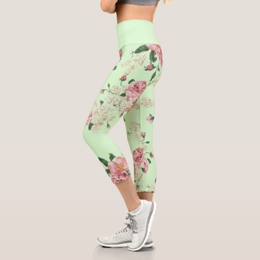 Leggings Capri Rose sur Vert Vintage Floral (Gauche)