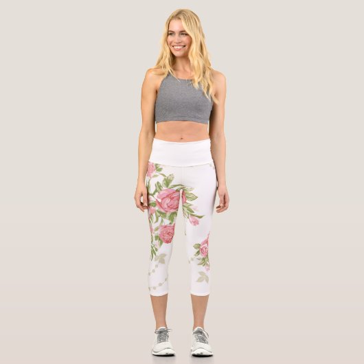 Leggings Capri Roses de chou rose gras sur Arrière - plan blanc (Recto)