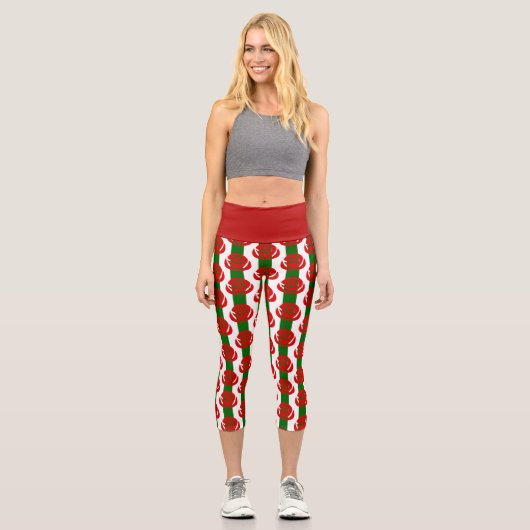 Leggings Capri roses rouges florales rayées de noël (Recto)