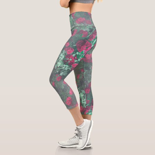 Leggings Capri Roses rouges pâles Fleurs Feuilles vertes (Gauche)