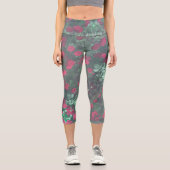 Leggings Capri Roses rouges pâles Fleurs Feuilles vertes (Recto)