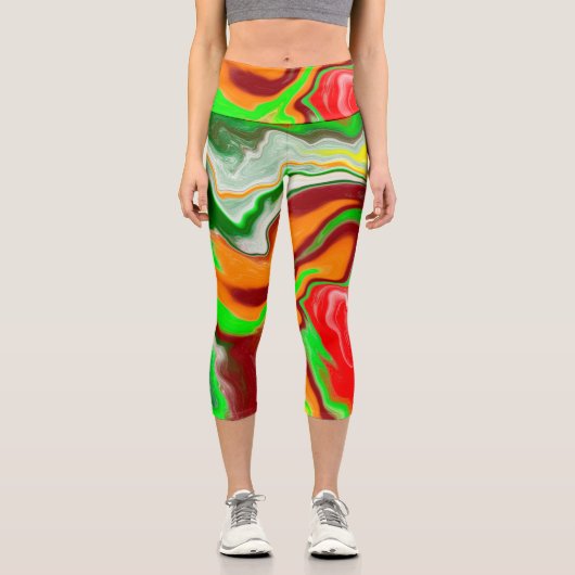 Leggings Capri Rouge, Vert, Bourgogne Marbre Coloré Fluid Art (Recto)