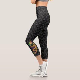 Leggings Capri Scales de Dragon Noir avec Dragon Or