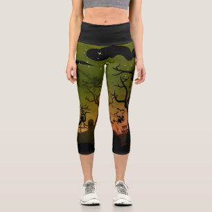 Leggings Capri Scène de cimetière hantée verte et orange Hallowee