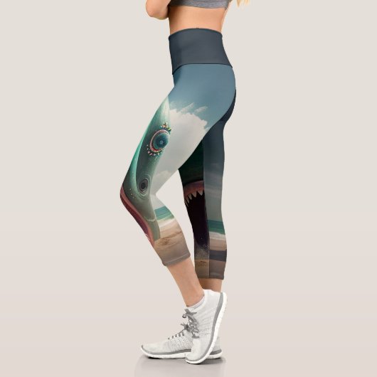 Leggings Capri Sculpture de requin sur la plage (Gauche)