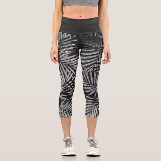 Leggings Capri Silver Glitter Palm Tree Black Modern Abstract (Recto)