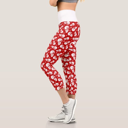 Leggings Capri Snowman rouge et blanc avec Motif Snowflake (Gauche)
