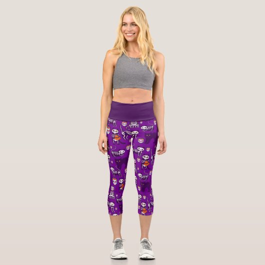 Leggings Capri squelette de chats d'halloween violet (Recto)