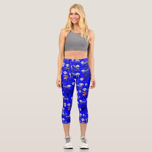 Leggings Capri squelette du chat halloween bleu (Recto)