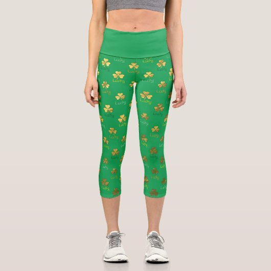 Leggings Capri St. Patrick's Day Green avec Shamrocks d'or (Recto)