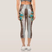 Leggings Capri Steampunk Clock and Turquoise Roses on Striped (Verso)