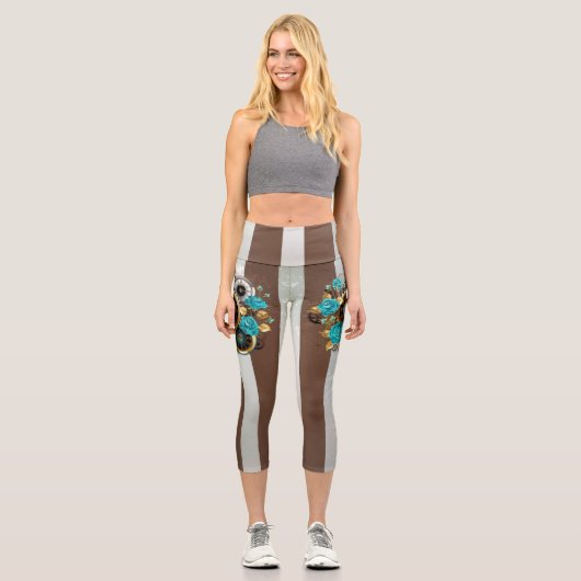 Leggings Capri Steampunk Clock and Turquoise Roses on Striped (Recto)