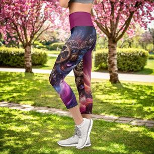 Leggings Capri Steampunk Industrial Clocwork Purple and Pink