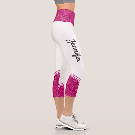 Leggings Capri Style blanc magenta floral blanc rayures & nom (Droite)