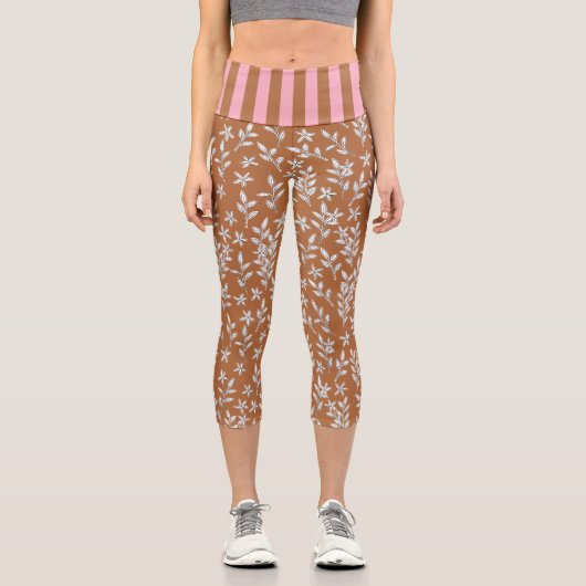 Leggings Capri Style Floral Brown et rose haut taille (Recto)