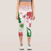 Leggings Capri Stylish Green Christmas Tree Red Snowflakes White  (Recto)