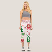 Leggings Capri Stylish Green Christmas Tree Red Snowflakes White  (Recto)