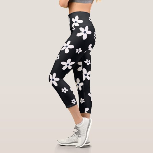 Leggings Capri Summer Boho Black White Daisy Flowers (Gauche)