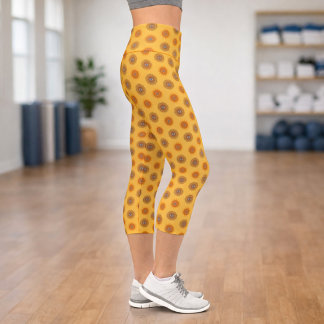 Leggings Capri Sunflower Mandala Eye Art -Boho Yoga Graphic Print