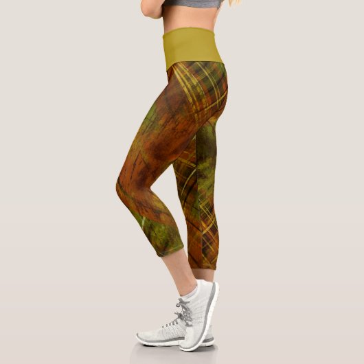 Leggings Capri Tartan Brown Green Check Mustard Wistband (Gauche)