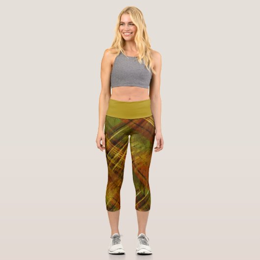 Leggings Capri Tartan Brown Green Check Mustard Wistband (Recto)
