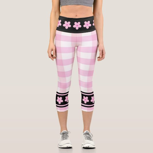 Leggings Capri Tendance rose blanc À damiers Motif avec fleurs (Recto)