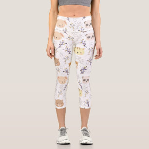 Leggings Capri Tête D'Animal Adorable Et Motif Floral