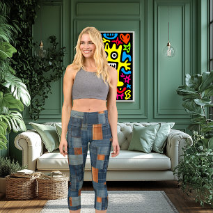 Leggings Capri Texture Tissé Bleu et Marron Motif Rustique Mode