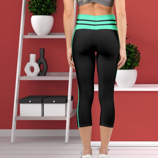 Leggings Capri Thème Personnalisé Vert Bleu Bleu Bleu Bande Noire
