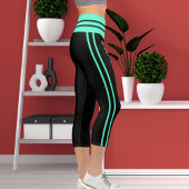 Leggings Capri Thème Personnalisé Vert Bleu Bleu Bleu Bande Noire