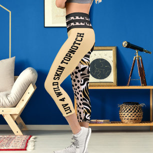 Leggings Capri Tiger Cheetah Motif Imprimer Spots Rose Noir Beige