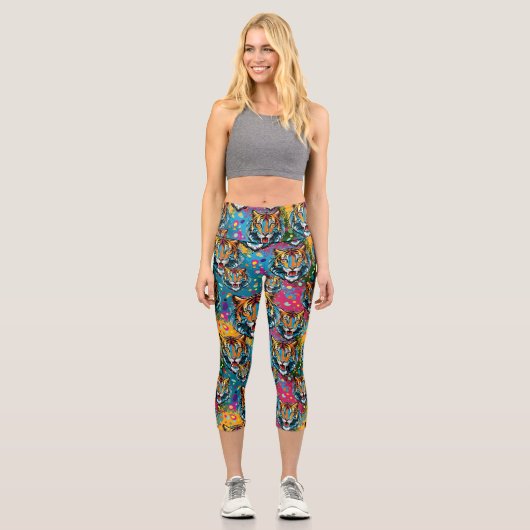 Leggings Capri Tiger Head Rainbow colors paint stains (Recto)